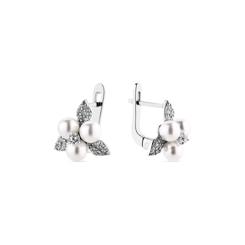 Серебряные серьги с белым жемчугом и фианитами Tradescantia 888